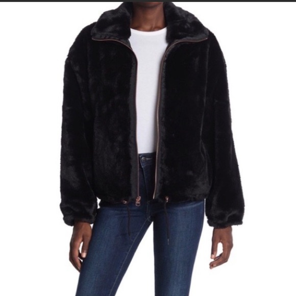 NWT - Lucky Brand XL Bomber Jacket Faux Fur Black - Picture 2 of 16